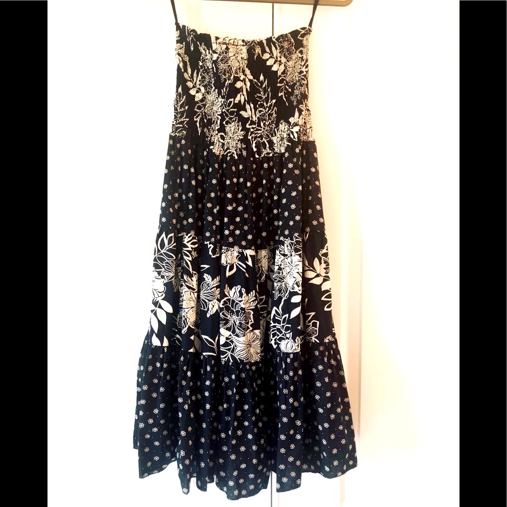 Lanz Lined elastic top black Cotton floral Maxi skirt/dress Size medium
